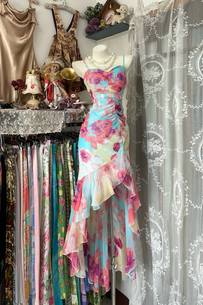 Robe de soirée sirène sans bretelles à imprimé floral vintage DP6379