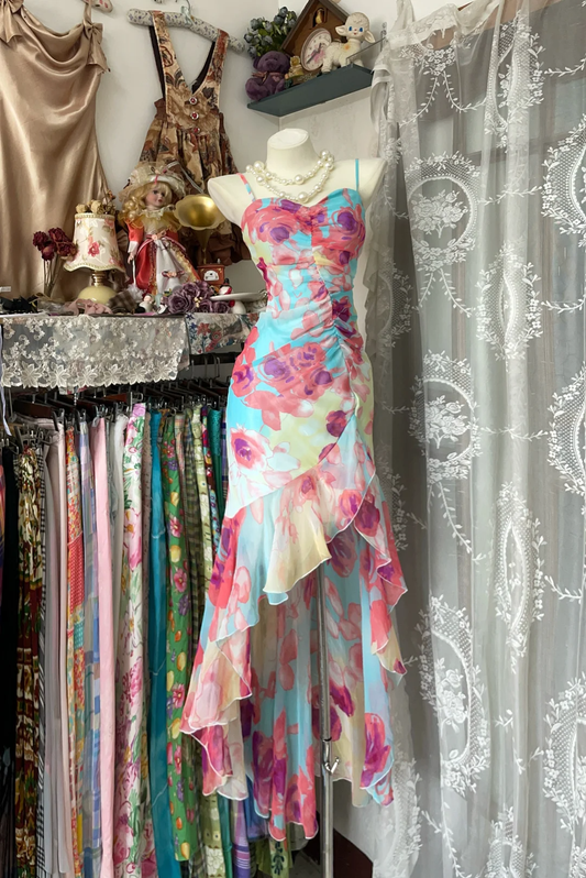 Vintage Floral Print Sweetheart Strapless Mermaid Prom Dress Evening Dress DP6379