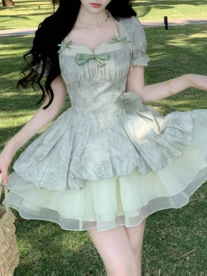 Lovely Sage Green Floral Print Corset Homecoming Dress Layered Tulle Mini Party Gown DP8259