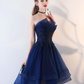 Retro Navy Blue Strapless Ruffled Hem Design A-line Tulle Party Dress Homecoming Dress DP6074