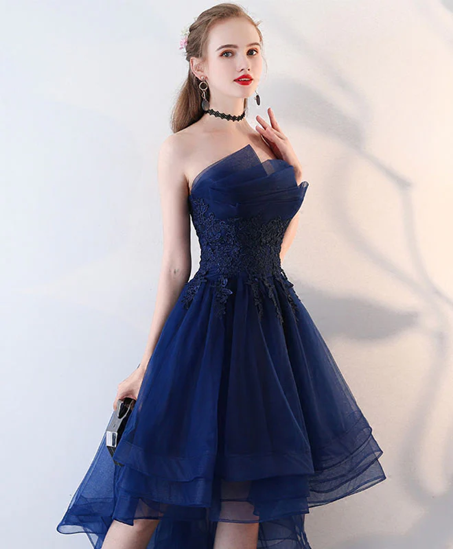 Retro Navy Blue Strapless Ruffled Hem Design A-line Tulle Party Dress Homecoming Dress DP6074