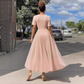 Elegant Pink Chiffon Short Sleeve A-Line Midi Wedding Guest Gown Mother of the Bride Dress DP8112