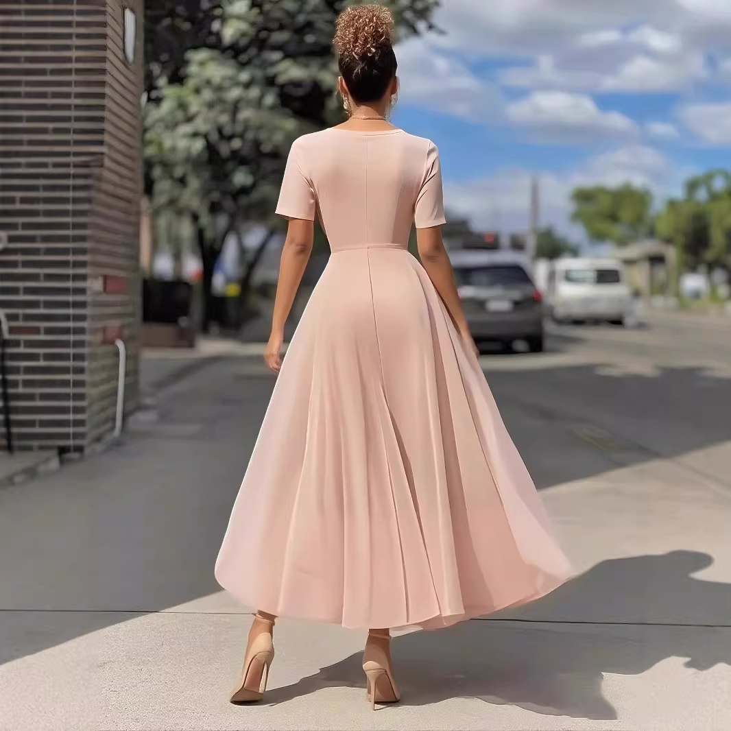 Elegant Pink Chiffon Short Sleeve A-Line Midi Wedding Guest Gown Mother of the Bride Dress DP8112
