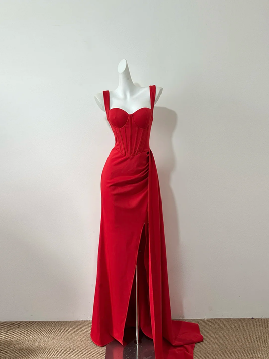 Glamorous Red Satin Mermaid Prom Dress Sweetheart Ruched Split Formal Evening Gown DP8247