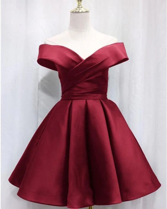 Vintage Satin Off-the-Shoulder Kurzes A-Linie Partykleid Cocktailkleid Homecoming Kleid DP6480