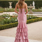 Vintage Pink Strapless Mermaid Evening Gown High Slit Ruffled Hem Prom Dress DP8289