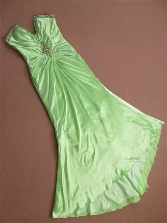 Elegant Light Green Strapless Evening Gown Beaded Bodice Satin Prom Dress DP7614
