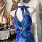 Vintage Navy Blue Floral V-neck Halter Dress Elegant A-Line Long Evening Dress Prom Dresses DP6214