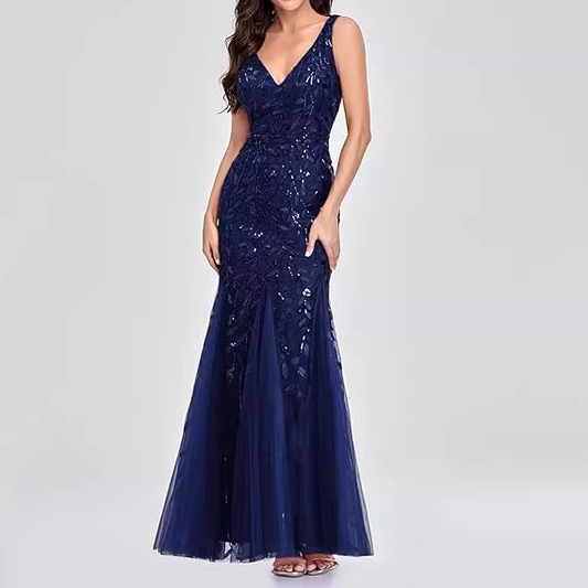 Vintage Burgundy Sequin V-Neck Mermaid Prom Gown Tulle Evening Dress DP8106