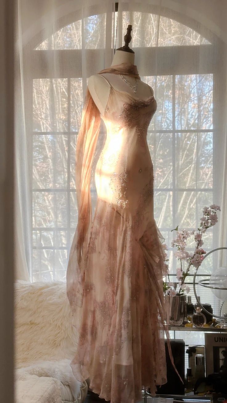 Romantic Blush Floral Beaded Tulle Mermaid Evening Dress with Drape Shawl DP8158