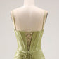 Elegant Olive Green Shiny Satin Spaghetti Strap Mermaid Beaded Sweetheart Evening Gown DP8557