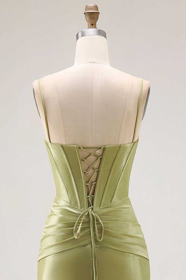 Elegant Olive Green Shiny Satin Spaghetti Strap Mermaid Beaded Sweetheart Evening Gown DP8557