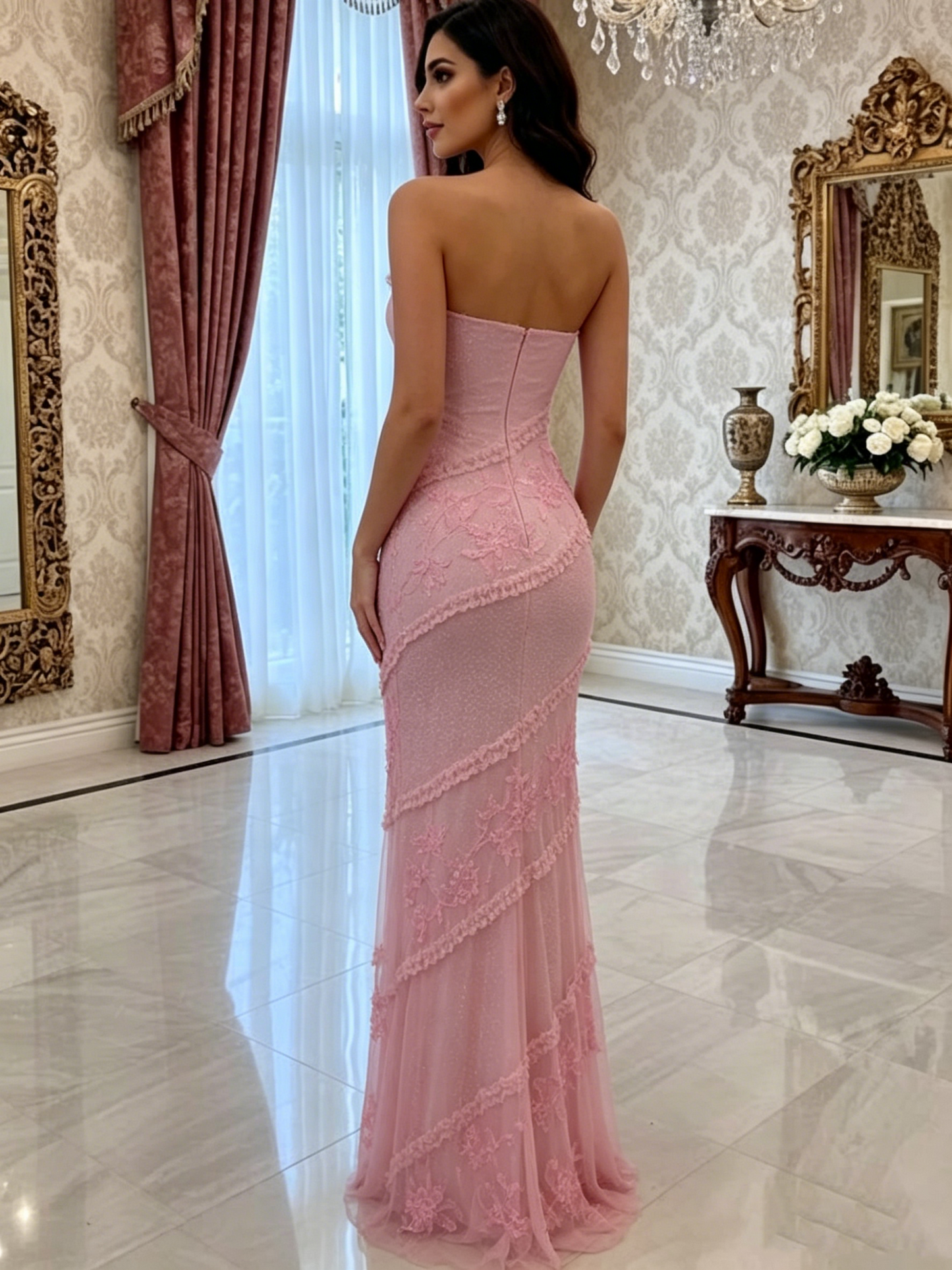 Glamorous Pink Strapless Sweetheart Mermaid Lace Applique Formal Evening Gown DP8418