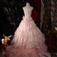 Glamorous Pink Tiered Strapless Lace Floral Sweet 16 Quinceanera Ball Gown DP7410