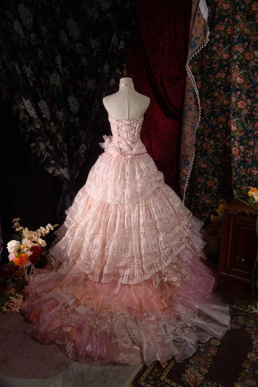 Glamorous Pink Tiered Strapless Lace Floral Sweet 16 Quinceanera Ball Gown DP7410
