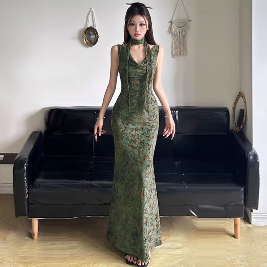 Vintage Grün Floral V-ausschnitt Meerjungfrau Sommer Kleider Ballkleid Abendkleid DP6344