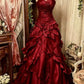 Vintage Burgundy Strapless Ruffled Sweetheart Satin 3D Rose Evening Gown DP7569