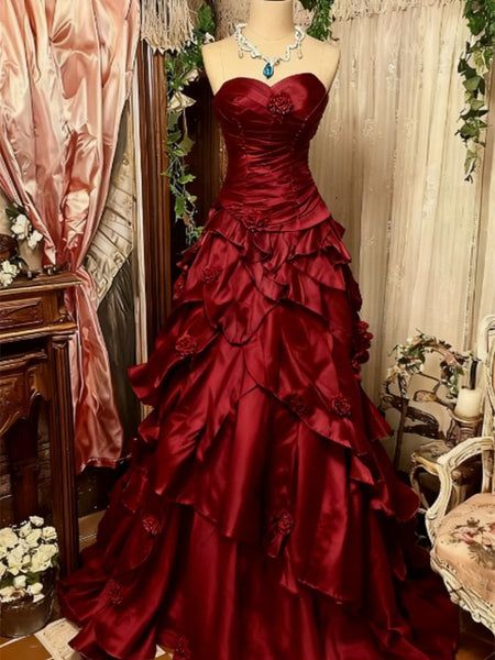 Vintage Burgundy Strapless Ruffled Sweetheart Satin 3D Rose Evening Gown DP7569