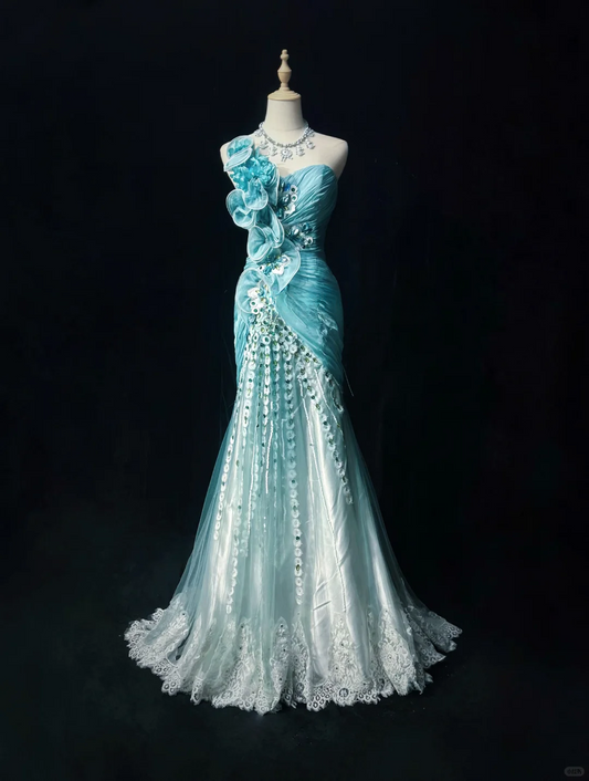 Glamorous Turquoise Strapless Mermaid Evening Gown with 3D Floral Applique Sequin Lace Train Prom Dress DP7288