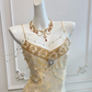 Vintage Champagne Gold Spaghetti Strap A-Line Beaded Evening Gown DP8402