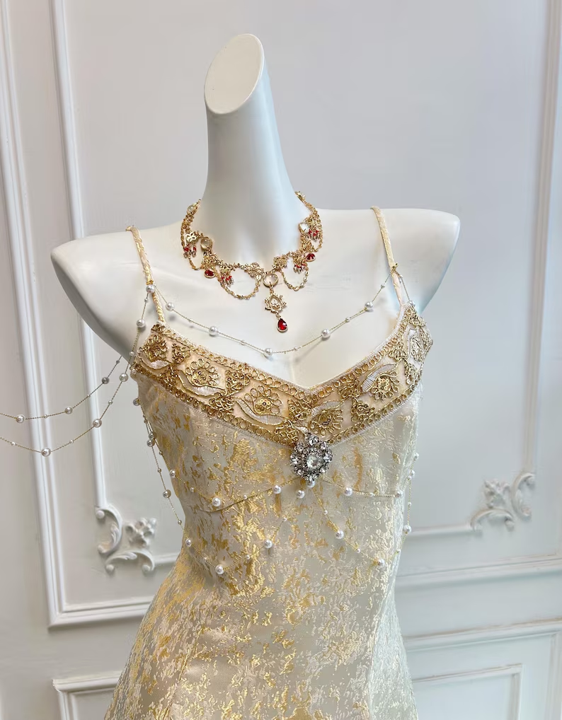Vintage Champagne Gold Spaghetti Strap A-Line Beaded Evening Gown DP8402
