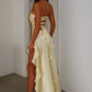 Elegant Yellow Satin Strapless Ruched Sheath High Slit Asymmetrical Cocktail Party Prom Dress DP8650