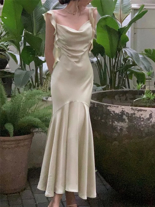 Vintage Salbeigrün Rüschen Meerjungfrau Satin Langes Ballkleid Partykleid Abendkleid DP6486