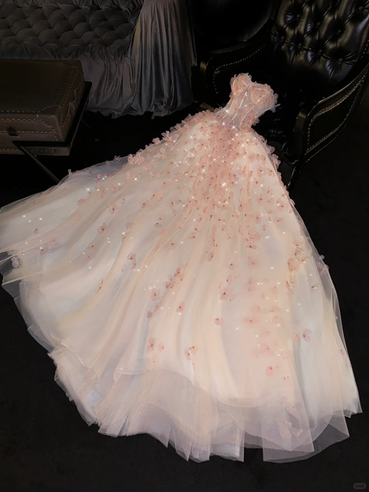 Dreamy Pink Tulle 3D Floral Applique Sequin Sweetheart Strapless Sparkling Sweet 16 Quinceanera Ball Gown DP7326