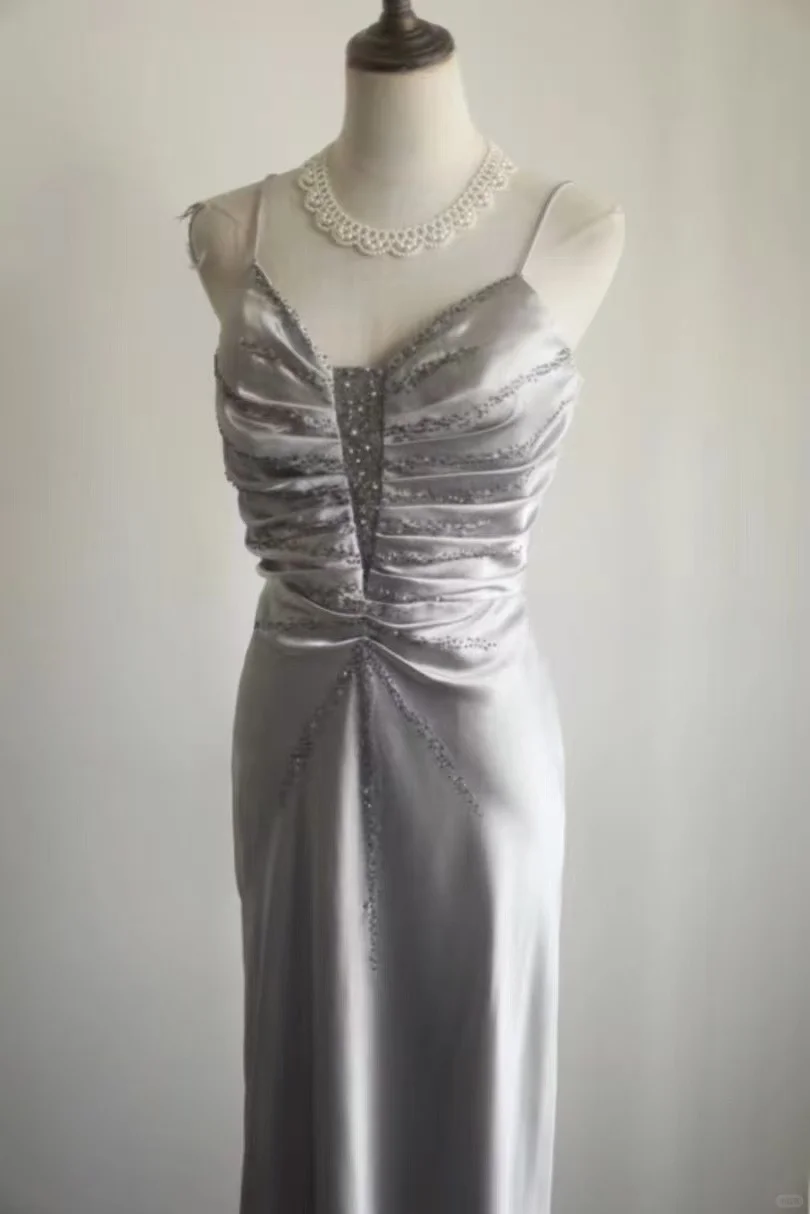Glamorous Gray Satin Spaghetti Strap Ruched Bodice Embellished Waist & Mermaid Prom Dress DP7652