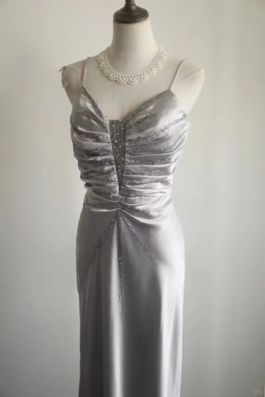 Glamorous Gray Satin Spaghetti Strap Ruched Bodice Embellished Waist & Mermaid Prom Dress DP7652
