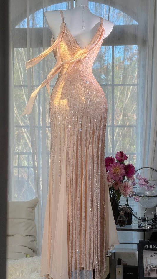 Glamorous Champagne Beaded Mermaid Prom Gown Spaghetti Strap Ruched Evening Dress DP8126