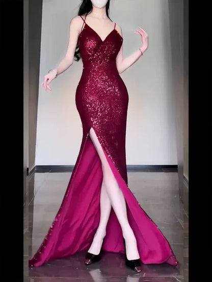 Elegant Fuchsia Sequin Sheath V-Neck High Slit Spaghetti Strap Evening Gown DP7244