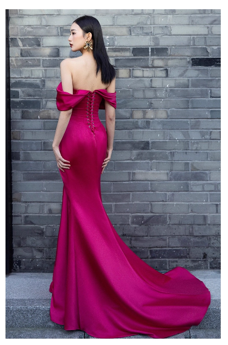Elegant Hot Pink Off-the-shoulder Prom Dress Satin Evening Gown Mermaid Party Dress Trailing Long Formal Dress DP6810