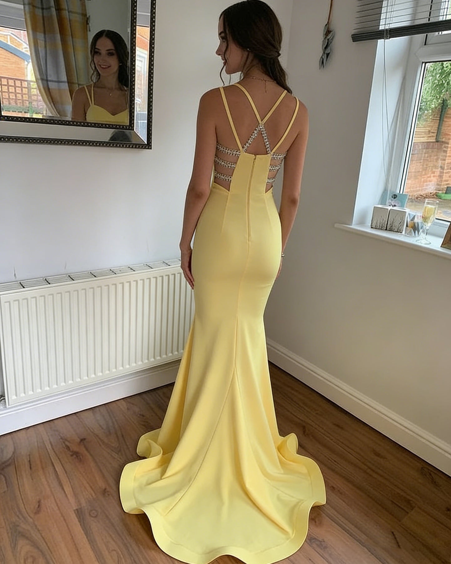 Elegant Mermaid Prom Dress Rhinestone Back Spaghetti Strap Formal Evening Gown with Train DP802