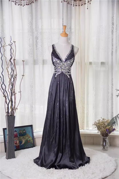Glamorous Black Sleeveless Evening Gown Beaded Bodice A-Line Satin Prom Dress DP7607