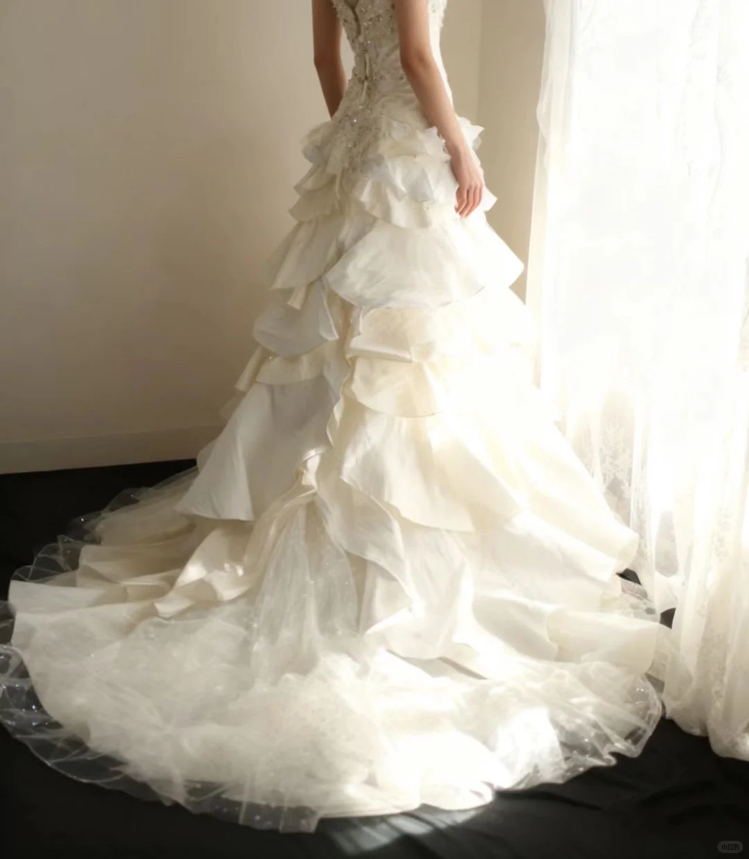 Elegant Ivory Tiered Ruffle Beaded Halter Neck A-Line Formal Wedding Dress DP7657