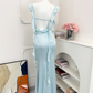 Vintage Light Blue Satin Cowl Neck Mermaid Ruffle Spaghetti Straps Ruched Prom Dress DP8569