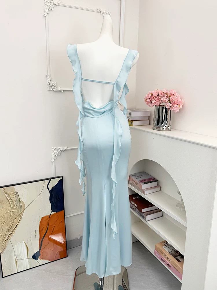 Vintage Light Blue Satin Cowl Neck Mermaid Ruffle Spaghetti Straps Ruched Prom Dress DP8569