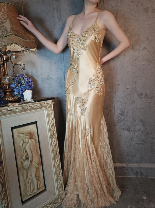 Retro Golden V-neck Sparkling Beaded Backless Design Elegant Satin Evening Dress Prom Dress DP6046