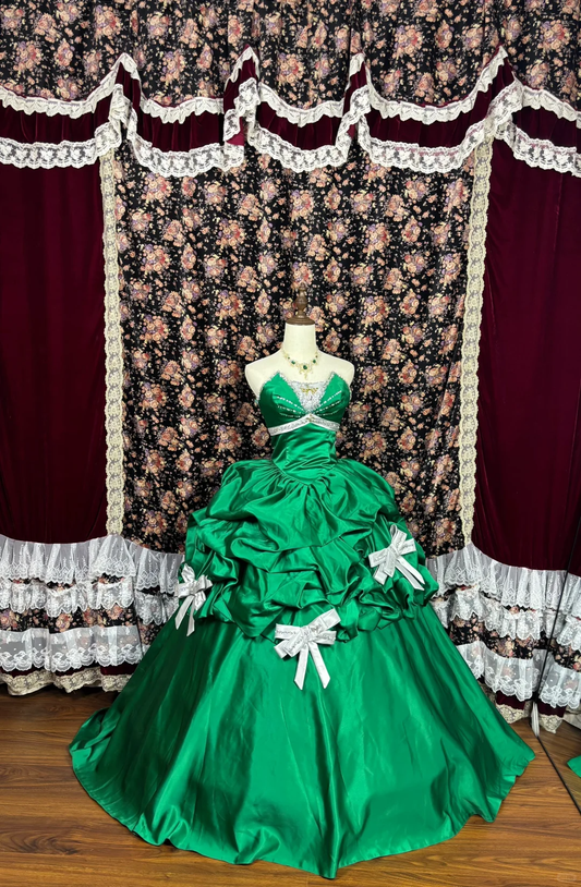Retro Grün Trägerlos Schleife A-Linie Satin Quinceanera Kleider Sweet 16 Geburtstag Ballkleider, DP5917