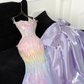 Chic Pastel Rainbow Ombre Sequin Mermaid Detachable Spaghetti Strap Beaded Formal Evening Gown DP7350