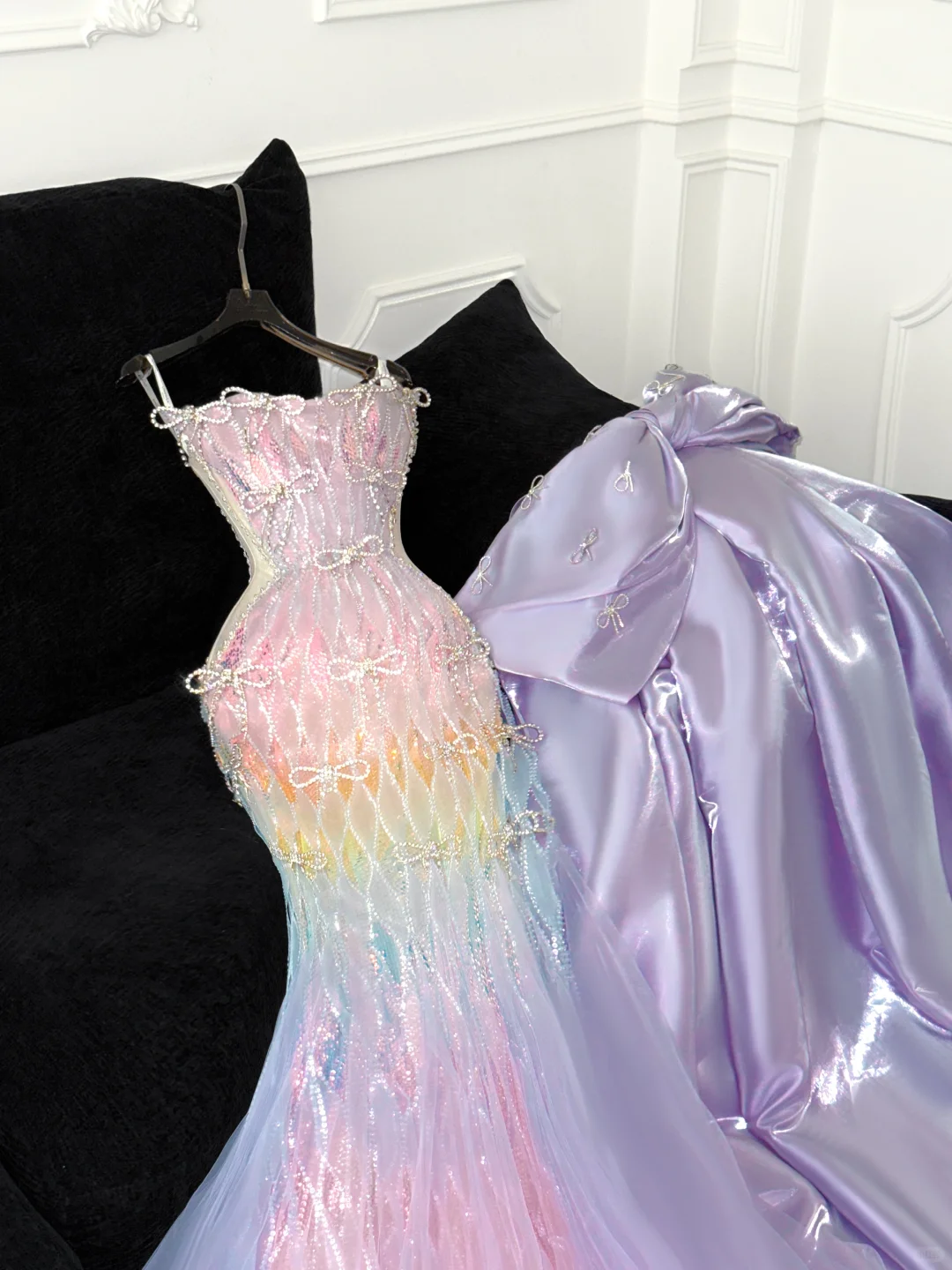 Chic Pastel Rainbow Ombre Sequin Mermaid Detachable Spaghetti Strap Beaded Formal Evening Gown DP7350