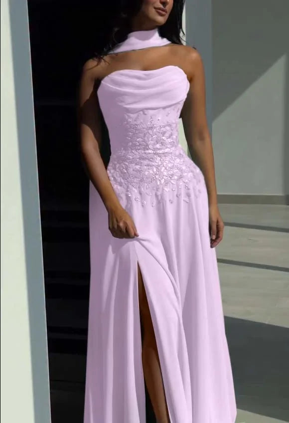 Robe de bal glamour en mousseline bustier brodée de paillettes avec fente haute Robe de soirée DP8216