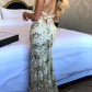 Meerjungfrau Spaghettiträger V-Ausschnitt Tüll Rückenfreies Ballkleid mit Applikationen,DP403