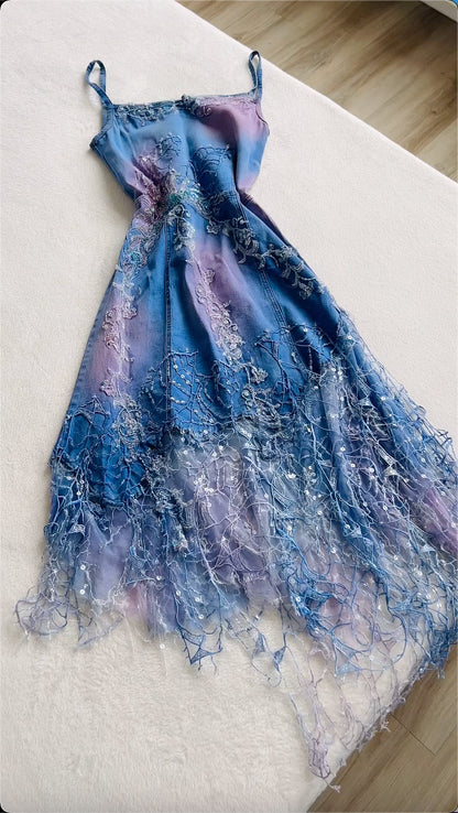 Vintage Blue Denim Sequin Applique Prom Dress A-Line Spaghetti Strap Evening Dress Long Formal Dress DP6670