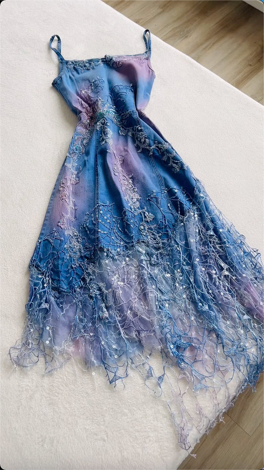 Robe de bal vintage en denim bleu à paillettes et appliques, coupe trapèze, bretelles spaghetti, robe de soirée longue et formelle DP6670