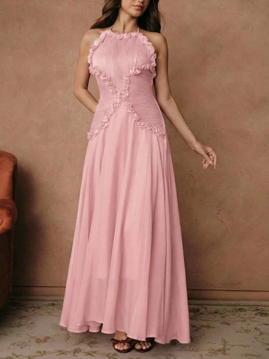 Elegant Pink Halter Ruffled Trim Ruched Chiffon A-Line Prom Dress DP8456