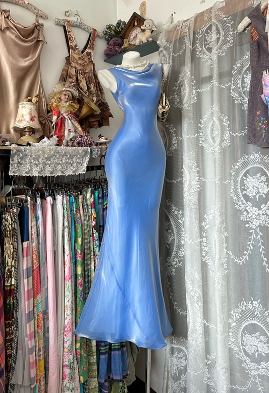 Romantic Blue Satin Cowl Neck Mermaid Evening Dress DP8319