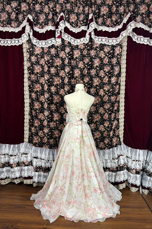 Retro Blumenmuster Trägerlos Schleife Design A-Linie Tüll Quinceanera Kleider Sweet 16 Geburtstag Ballkleider, DP5915