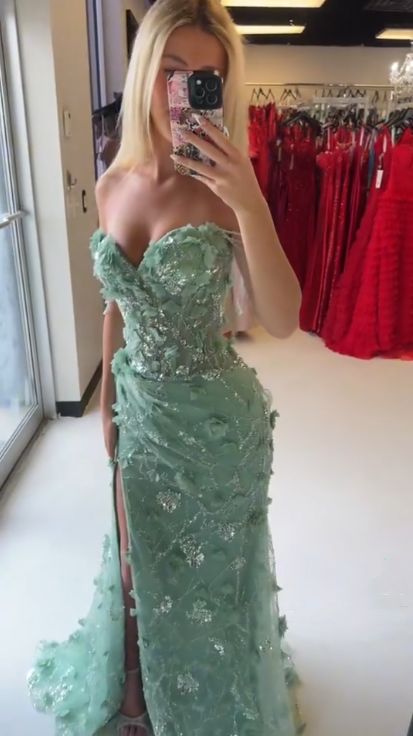 Elegant Sage Green 3D Floral Appliques Prom Dress Sweetheart Mermaid Off-the-shoulder Evening Gown DP7915